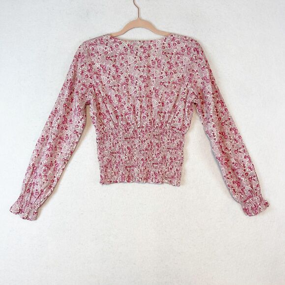 Y2K Faded Glory Top Sz S Pink Ditsy Floral Cottage Smocked Surplice Ruffle - Picture 3 of 6